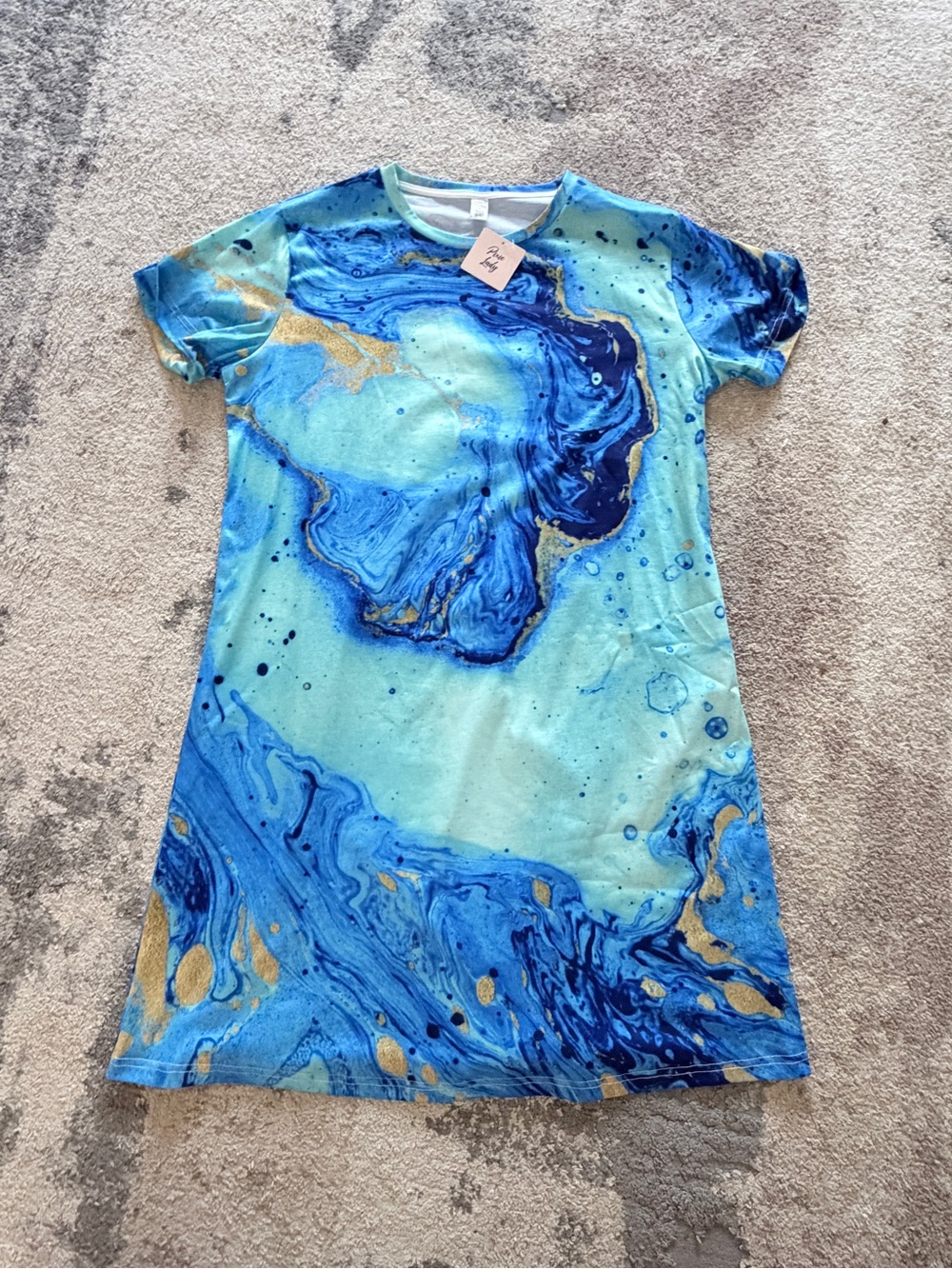 Pixie Lady Blue and Gold Marble-Print Casual Dress